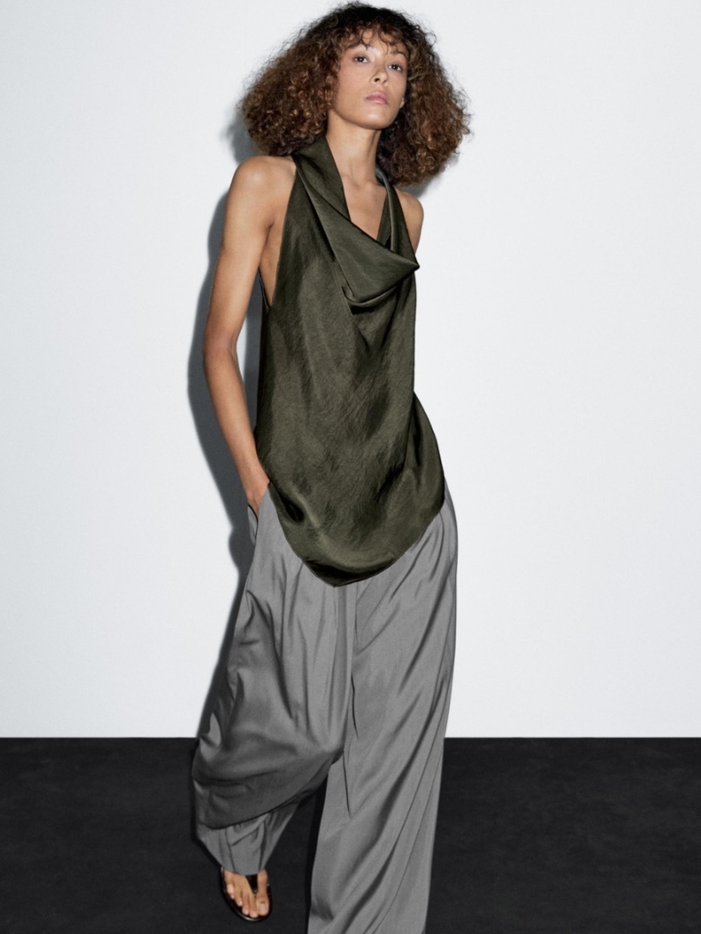 Zara Olive Draped Halter Top with Gray Wide-Leg Pants